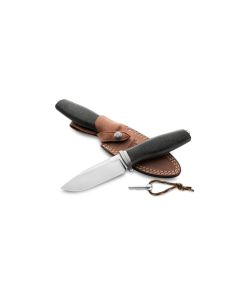 LionSteel AH BLG Acha, M390 Satin Drop Point Fixed Blade, Black Burlap Micarta Handle with Titanium Bolster, Leather Sheath