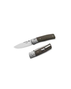 LionSteel Nini 2 Folding Knife, M390 Satin Drop Point Blade, Green Canvas Micarta Handles with Titanium Bolsters