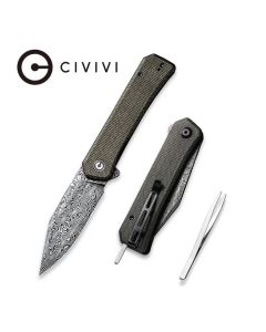 CIVIVI Knives Relic Flipper, Damascus Clip Point Blade, Dark Green Micarta Handles ~ C20077B-DS1